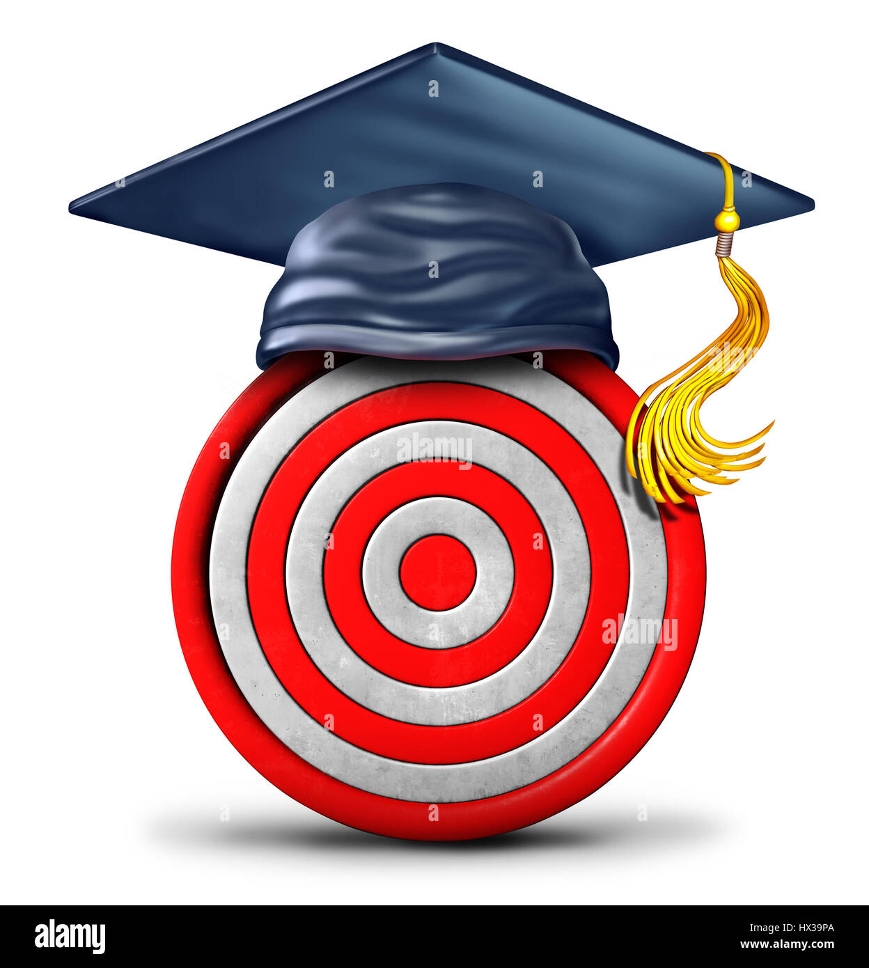 Ziel und Abschluss Ziel Bildungskonzept als Schule Absolvent Mörtel Kappe auf einem Bullen-Auge-Objekt als ein lernen Erfolgsstrategie. Stockfoto