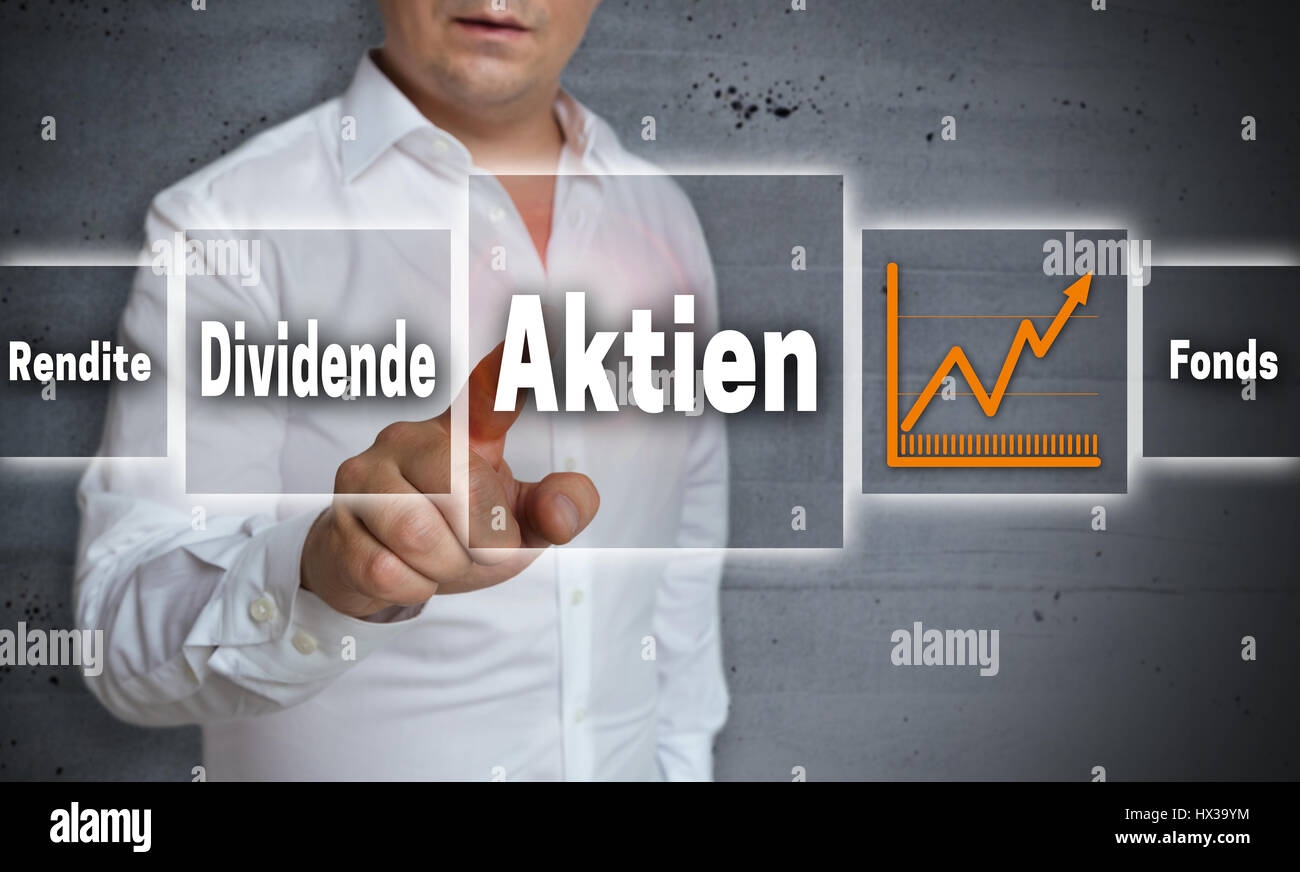 Aktien (in germn Aktien, Dividenden, Ertrag, Fonds) Konzept Hintergrund wird vom Menschen gezeigt. Stockfoto