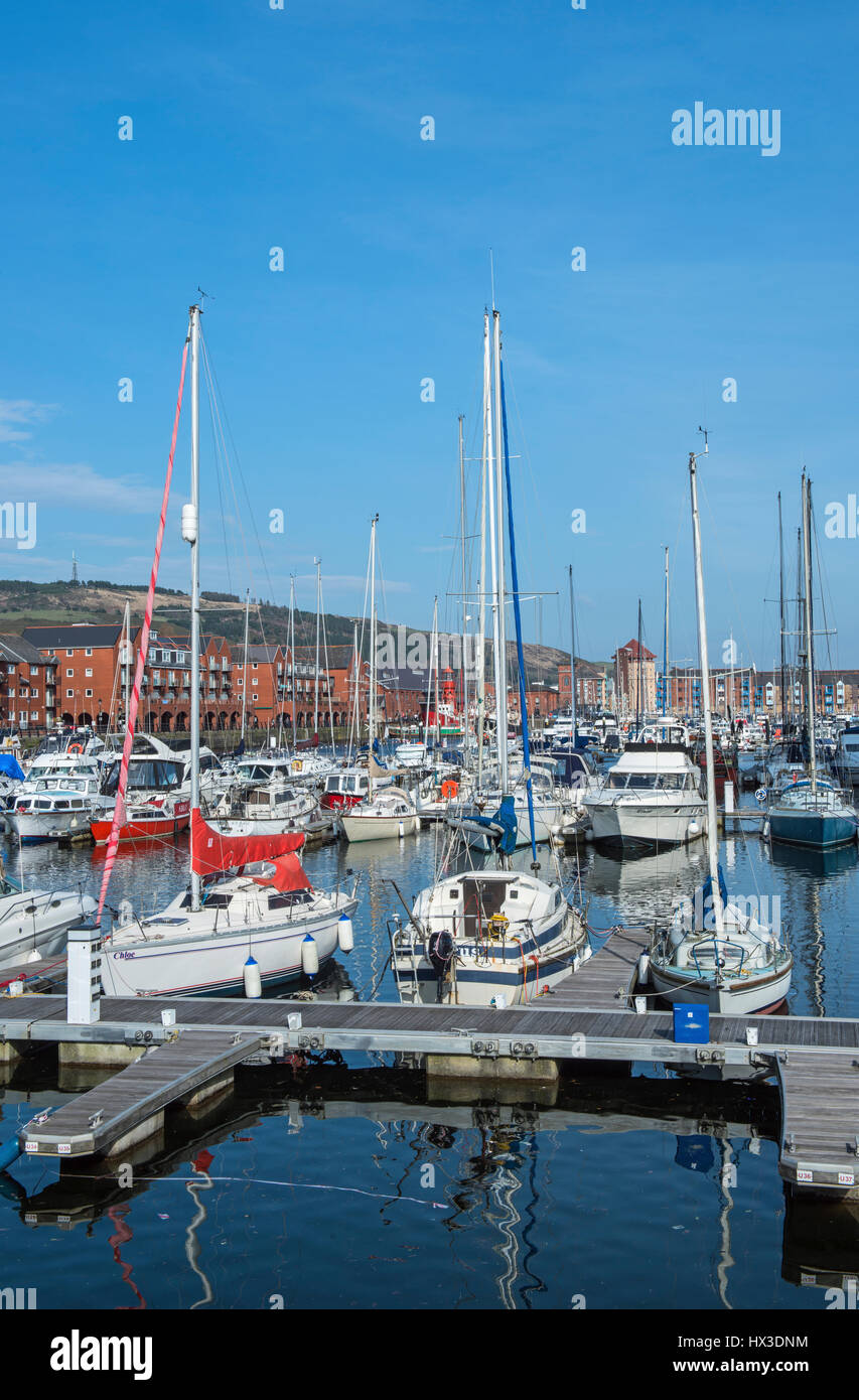 Die Swansea Marina an der Südküste von Wales, vertäut voller Yachten, Boote und einige Fischerboote. Stockfoto