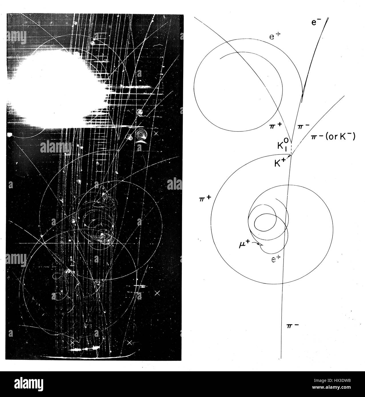 Flüssigwasserstoff Blasenkammer Foto von einem negativ geladenen Pi-Meson Interaktion mit einem Proton und produzieren eine positive K-Meson, eine neutrale Mesonen (gestrichelte Linie) und einer negativen Meson ein Neutron, 1975. Bild mit freundlicher Genehmigung US Department of Energy. Stockfoto