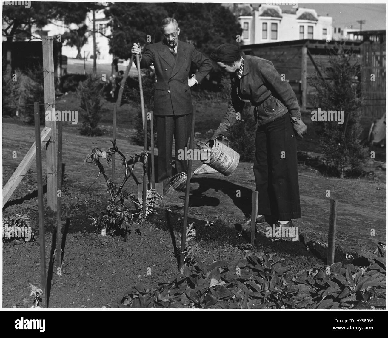 Mann und Frau Wasser und tendenziell Kulturen innerhalb der Victory Garden, ein Grundstück zu ernten, amerikanische Bemühungen während des zweiten Weltkriegs, Washington, District Of Columbia, 1943 zu ergänzen. Bild mit freundlicher Genehmigung National Archives. Stockfoto