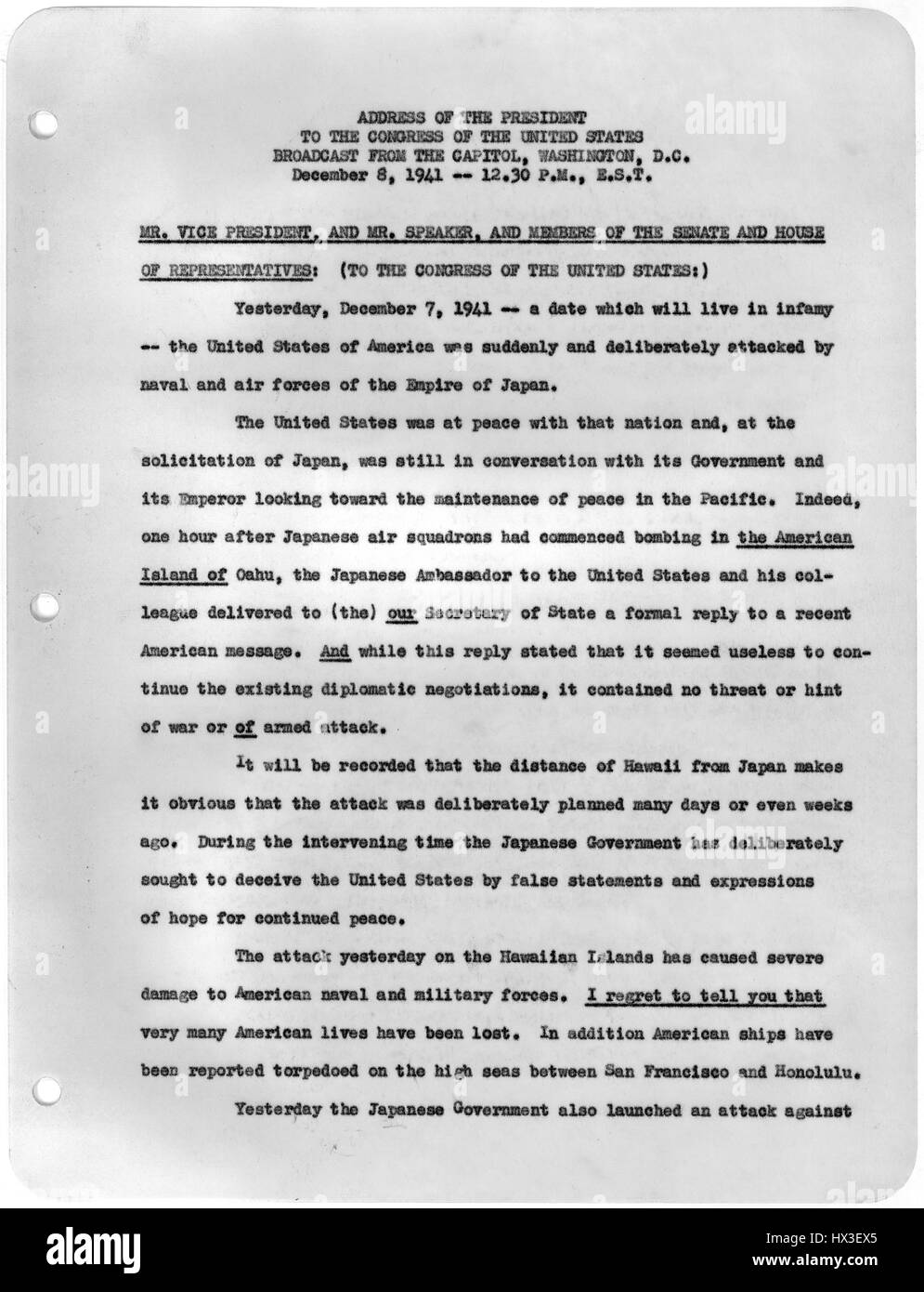 Erste Seite der Abschrift der Nachricht an den Kongress von Präsident Franklin D Roosevelt anfordern Erklärung des Krieges gegen Japan, Washington, District Of Columbia, 8. Dezember 1941. Bild mit freundlicher Genehmigung National Archives. Stockfoto