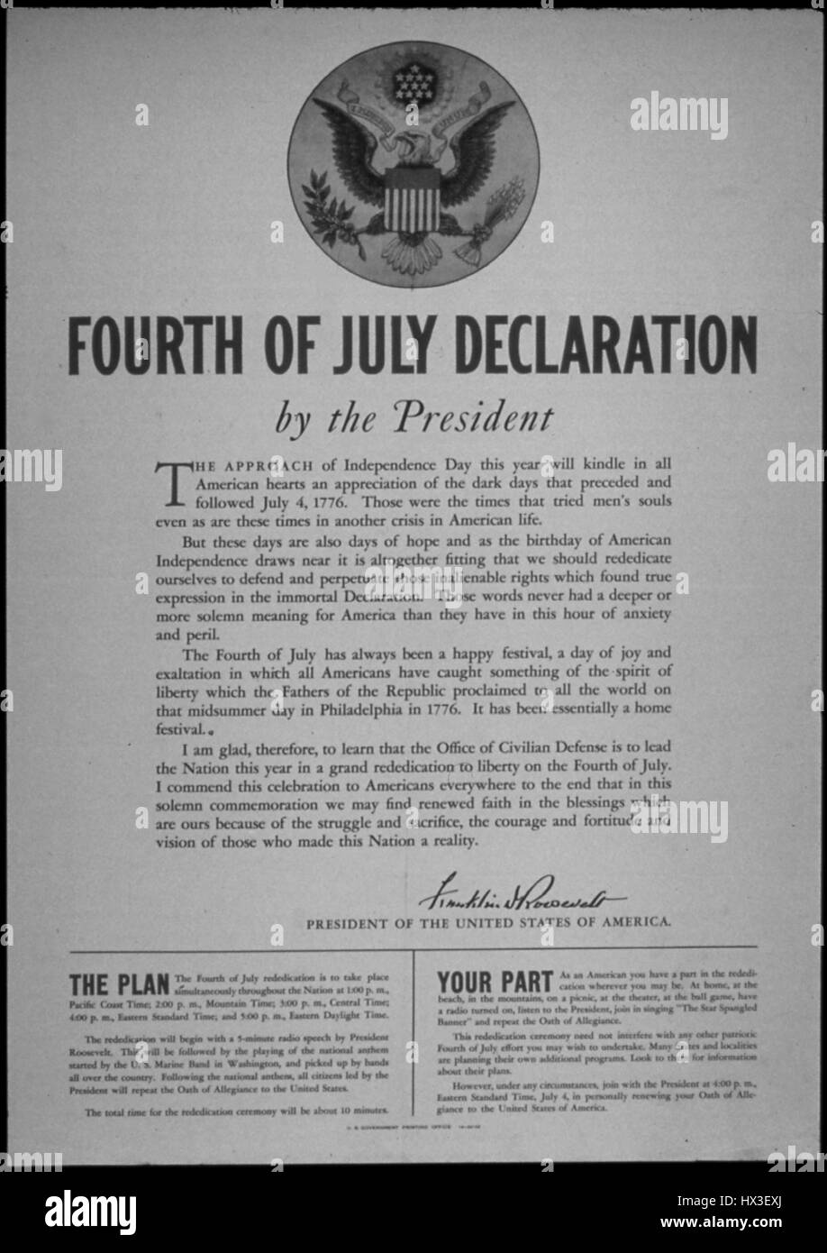 Ein offizielles Dokument der Fourth Of July-Erklärung des Präsidenten der Vereinigten Staaten zur Zeit Präsident Franklin D Roosevelt, 4. Juli 1944. Bild mit freundlicher Genehmigung National Archives. Stockfoto