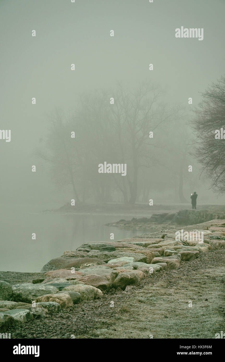Nicht erkennbare Frau mit Handy im Nebel zu fotografieren. Stockfoto