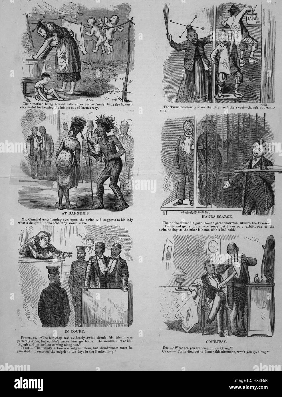 Sechs Bilder Darstellung verschiedener Ereignisse im Leben der siamesischen Zwillinge Chang und Eng Bunker, 1865. Stockfoto