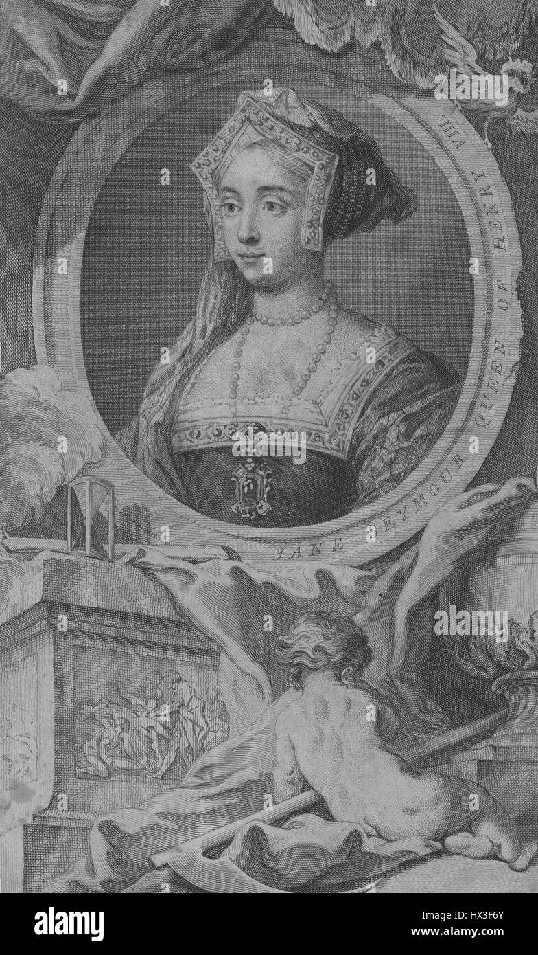 Brust Porträt der Jane Seymour, Königin von Heinrich VIII., König von England, umgeben von architektonischen Strukturen, eine Sanduhr und ein kleines Kind, 1746. Stockfoto