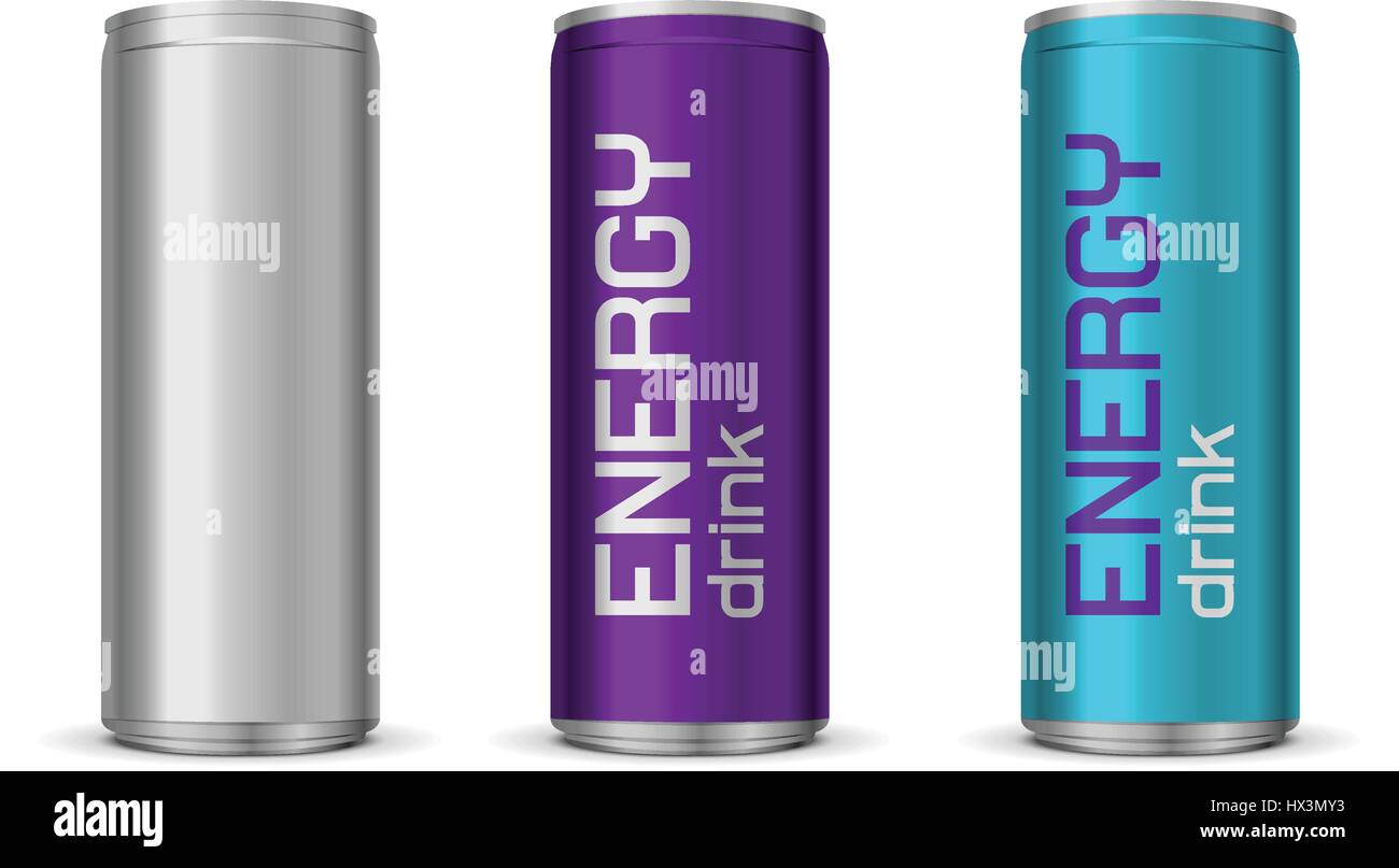 Vektor-Illustration hell Energy Drink Dosen in blau und lila Farbe, isoliert auf weißem Hintergrund Stock Vektor