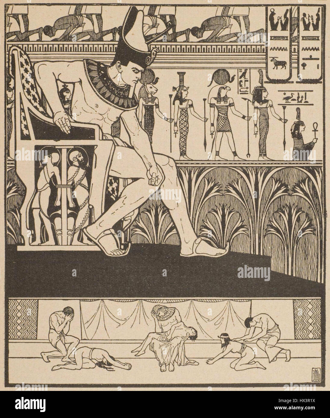 Pharao, ein Kunstwerk von 1914 von Ephraim Moses Lilien, das einen ägyptischen König mit den Zügen von Merneptah zeigt, der die Doppelkrone von Ober- und Unterägypten trägt, umgeben von den Göttern Sechmet, Isis und Horos, und Szenen unterworfener Völker und der letzten Plage. Stockfoto