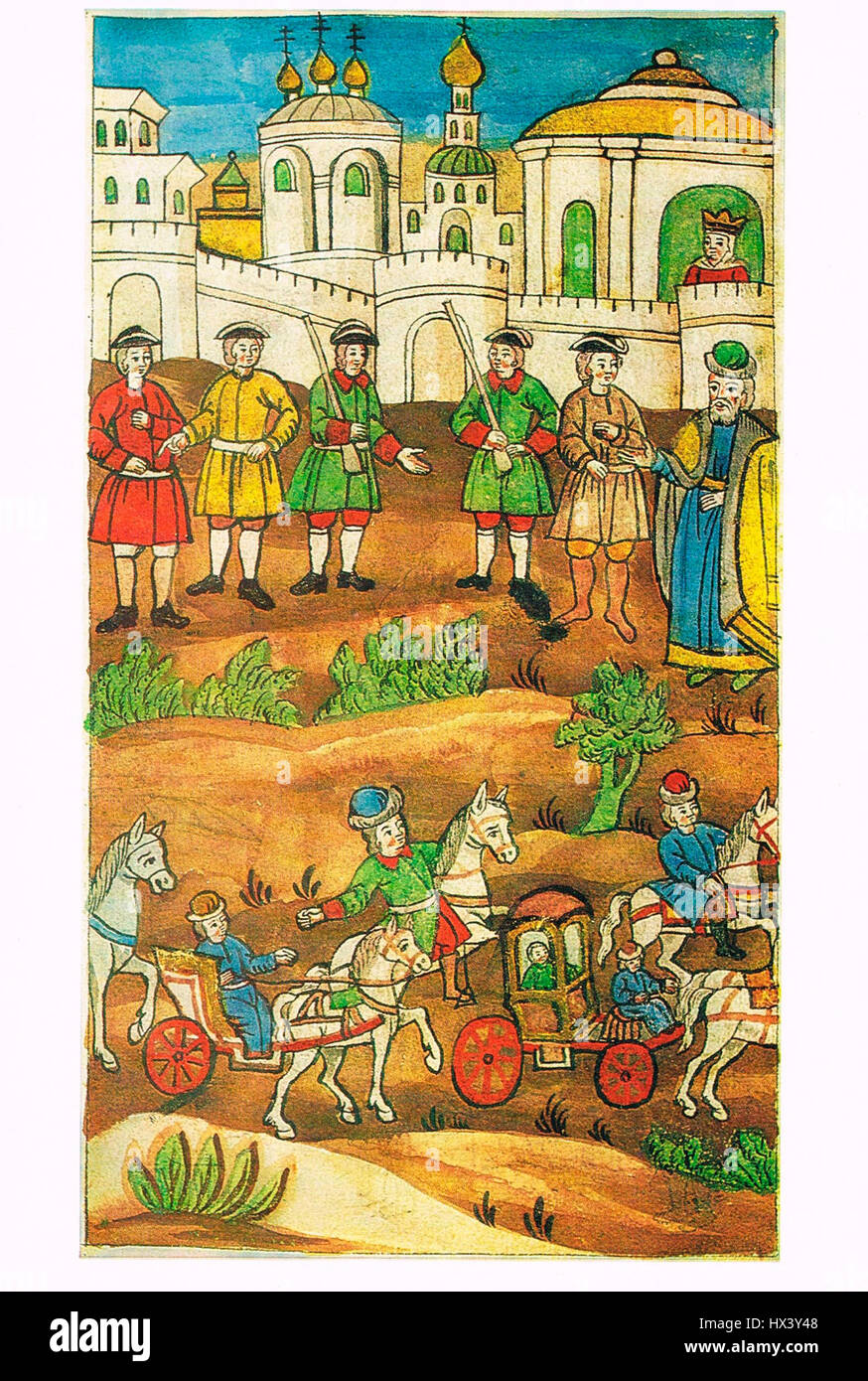 „Geschichte Petri I.“ von Krekshin zeigt den dramatischen Moment, als Zarewna Sofia, die Schwester von Zar Peter I., verhaftet wurde. Das Gemälde fängt die Intensität und politische Intrige dieses historischen Ereignisses in den Anfängen des Russischen Reiches ein. Stockfoto