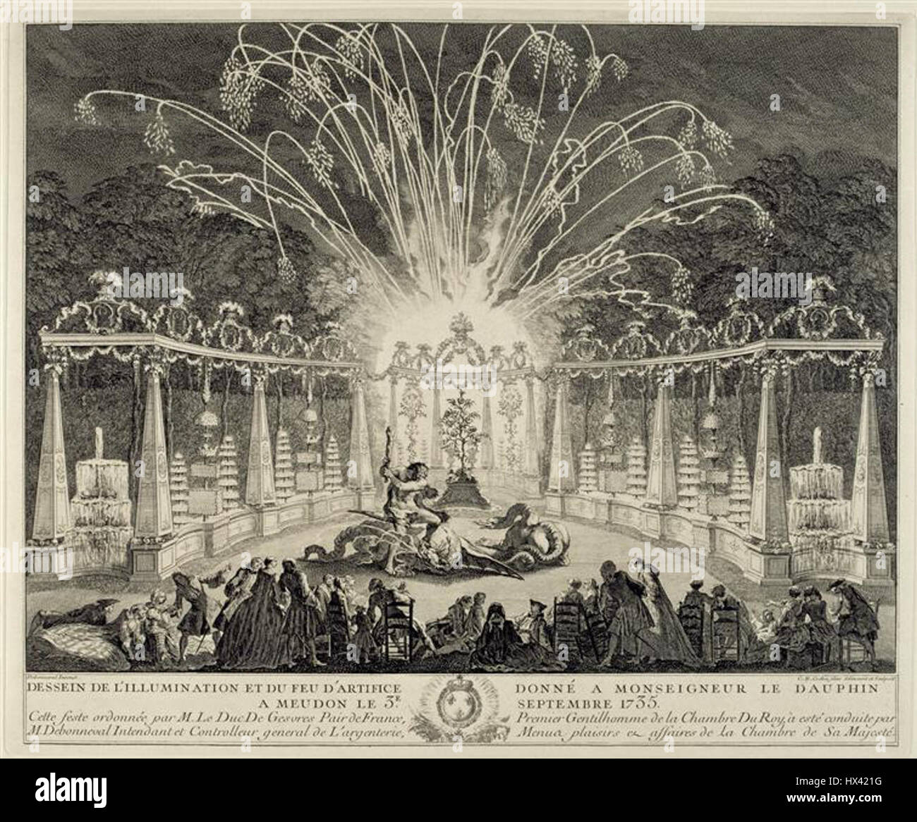Illumination am Château de Meudon am 3. September 1735 für den Dauphin vor dem Château-Neuf, von französischen Zeichnern und Radierern des 17. Jahrhunderts. Stockfoto