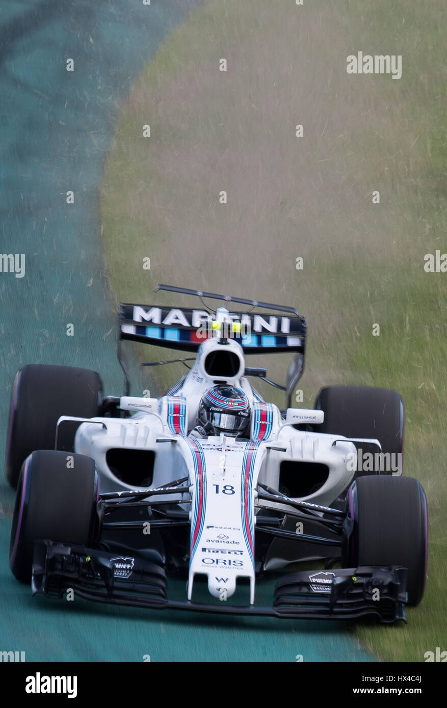 Melbourne, Australien. 25. März 2017. Williams Martini Racing Formel1 Fahrer Lance Stroll der Kanada fährt während des Qualifyings die Australian Formula One Grand Prix im Albert Park Circuit in Melbourne, Australien am 25. März 2017. Bildnachweis: Bai Xue/Xinhua/Alamy Live-Nachrichten Stockfoto