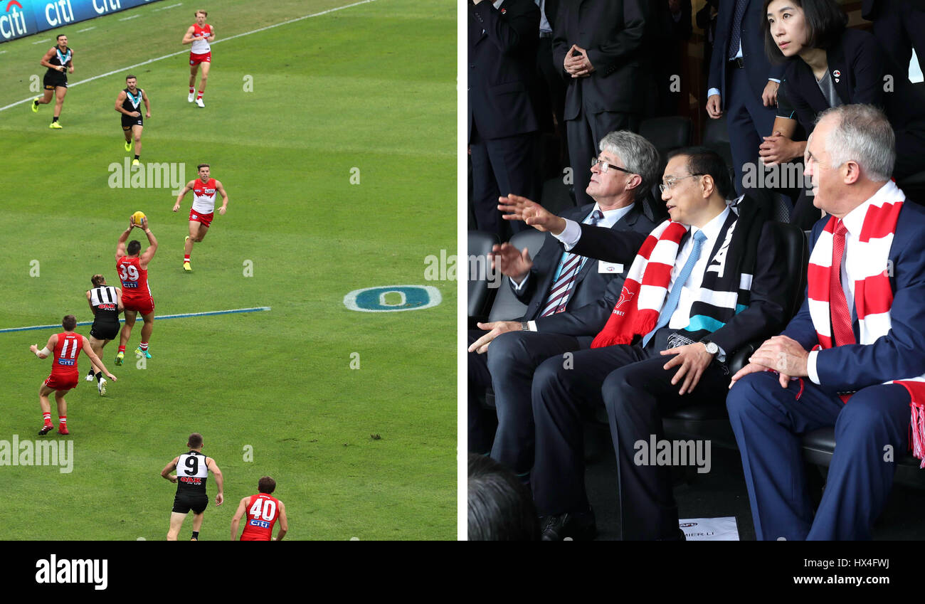 Sydney, Australien. 25. März 2017. Dieses kombinierte Foto zeigt chinesische Ministerpräsident Li Keqiang und sein australischer Kollege Malcolm Turnbull gerade ein Spiel des australischen Fußballs in Sydney, Australien, 25. März 2017. Bildnachweis: Pang Xinglei/Xinhua/Alamy Live-Nachrichten Stockfoto