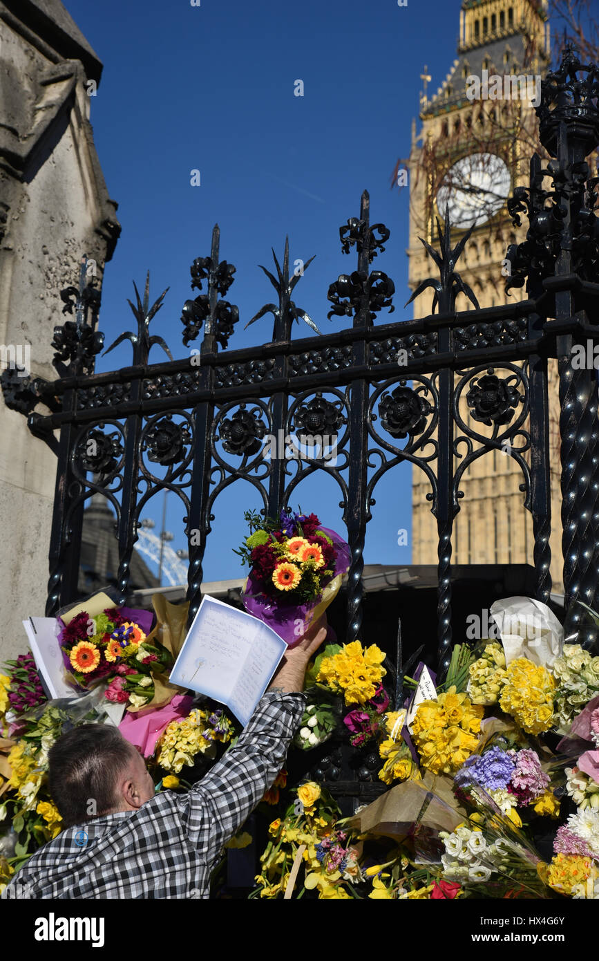 Westminster, London, UK. 25. März 2017 Blumen Westminster Terror-Anschlag außerhalb des Parlaments Stockfoto