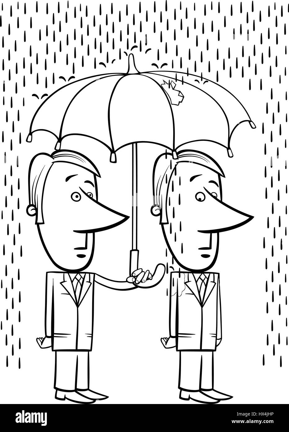 Black And White Concept Cartoon Illustration von zwei Geschäftsleute unter dem undichten Dach Stock Vektor