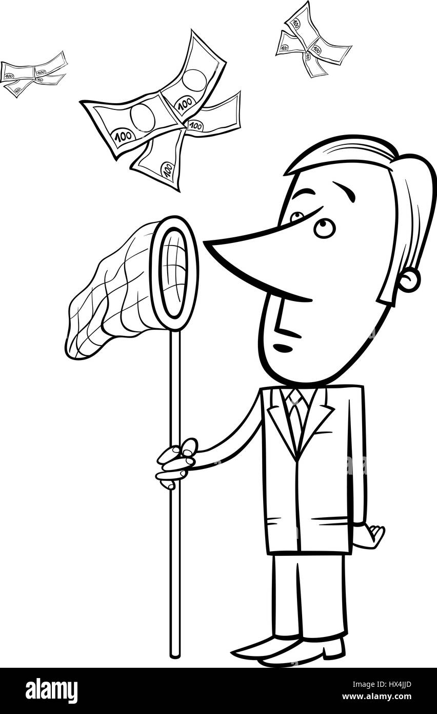 Black And White Concept Cartoon Illustration of Geschäftsmann fangen Geld mit Insektennetz Stock Vektor