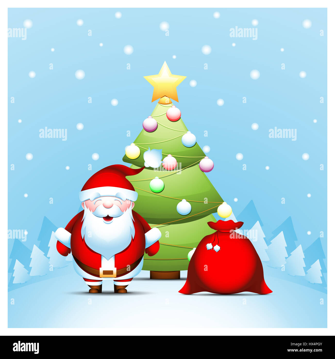 Weihnachtsmann mit Geschenken Tasche Weihnachtsbaum vor Hintergrund der  Winterlandschaft Stockfotografie - Alamy