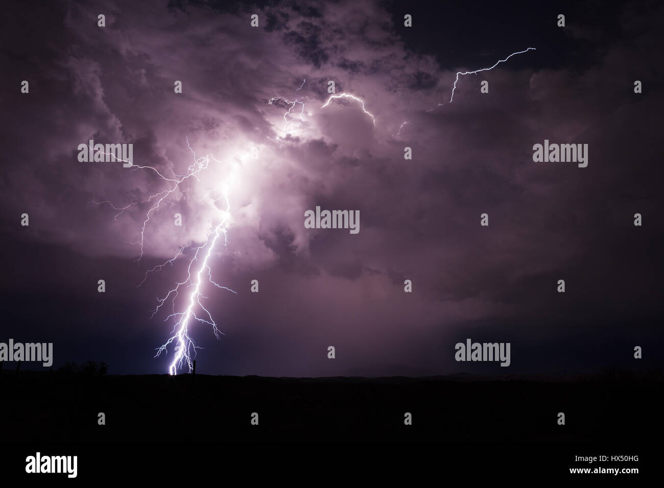 Ein kräftiger Blitz erhellt einen Sturm am Nachthimmel Stockfoto