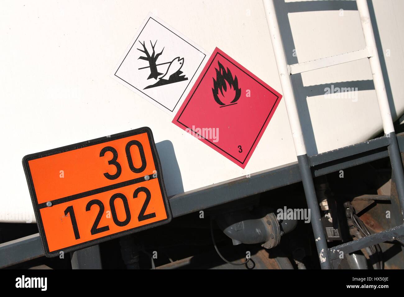 Orange-farbige Teller mit Gefahr-ID-Nummer 30 und UN-Nummer 1202 (Heizöl, Dieselkraftstoff, leichtes Heizöl) Stockfoto