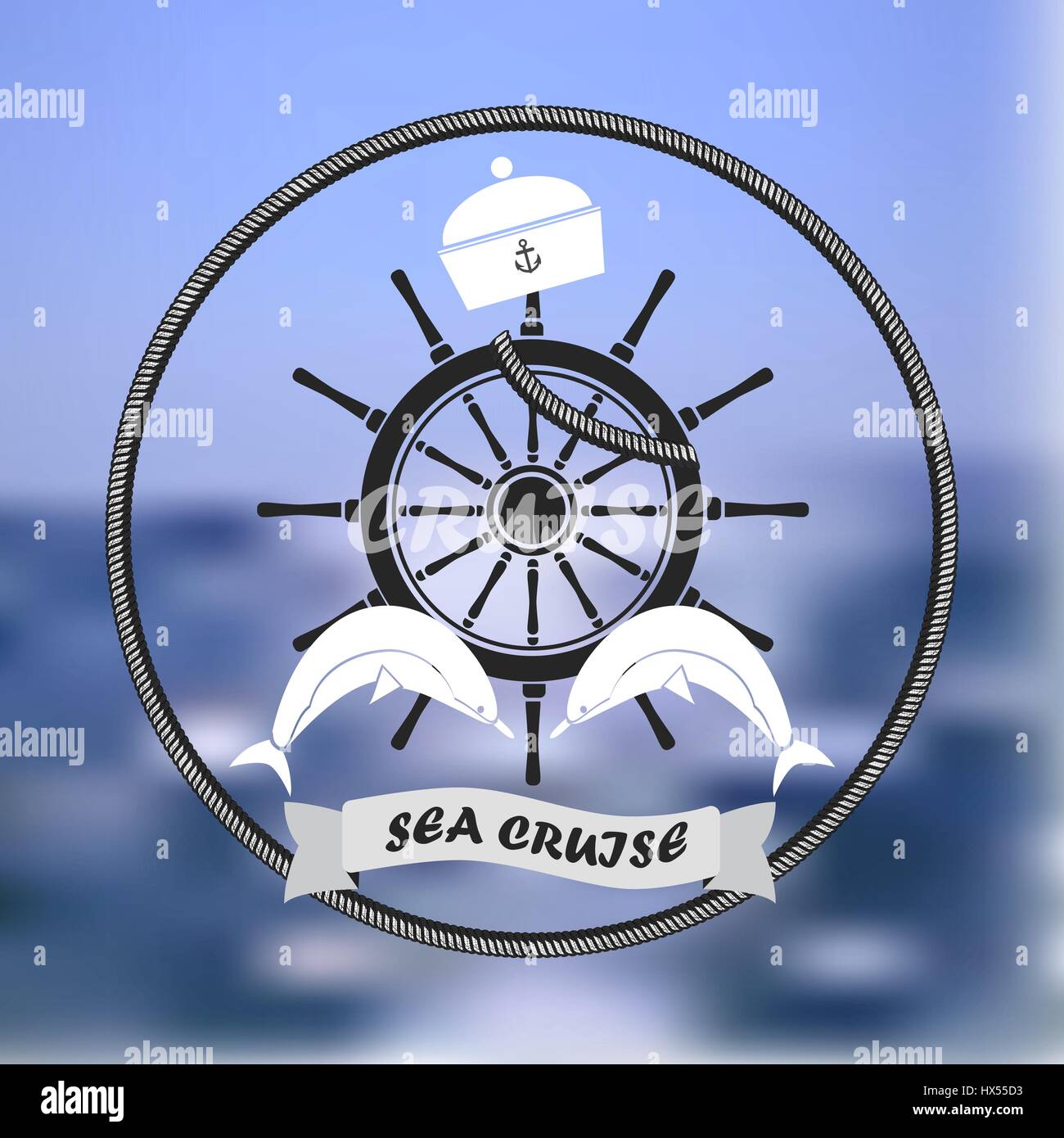 Vektor-Logo, verschwommen Meer Hintergrund ist ein Bild, ein Schiff Lenkrad, Schiffsjunge, Delphin, Schriftzug Benennung Kreuzfahrt auf See Stock Vektor
