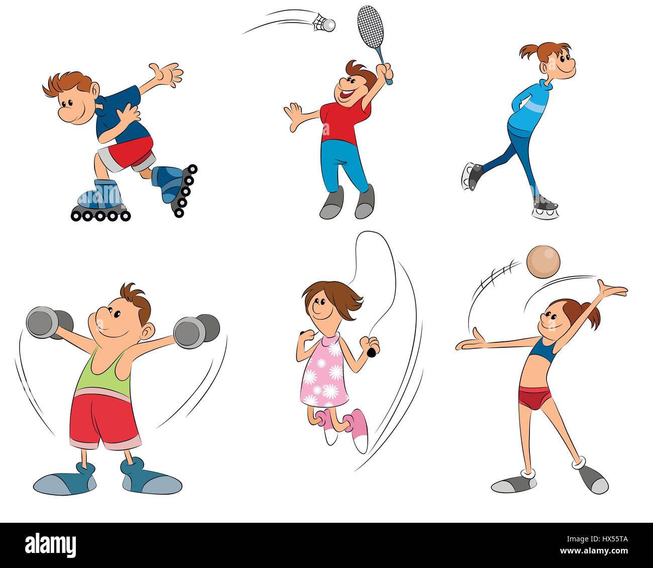 Vektor-Illustration von sechs Kinder Sport treiben Stock-Vektorgrafik -  Alamy