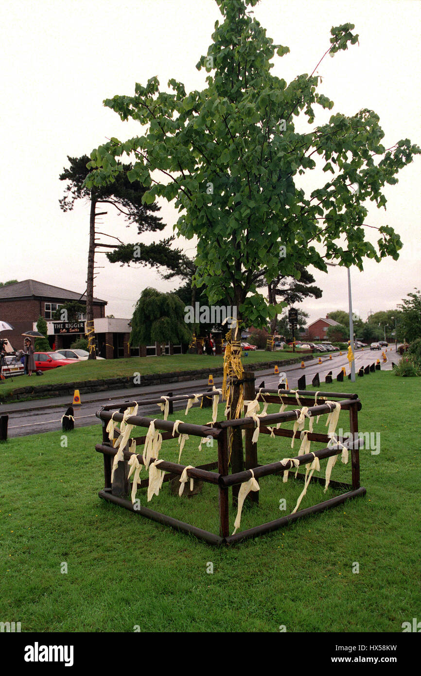 GELBE Bänder hängen auf dem Grün IN LOUISES HEIMATSTADT 18. Juni 1998 Stockfoto