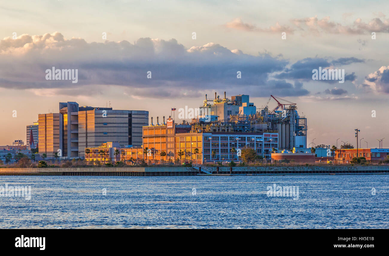Sonnenuntergang über der Innenstadt von Gebäuden und Brücken am St. Johns River in der Innenstadt von Jacksonville, Florida. Stockfoto