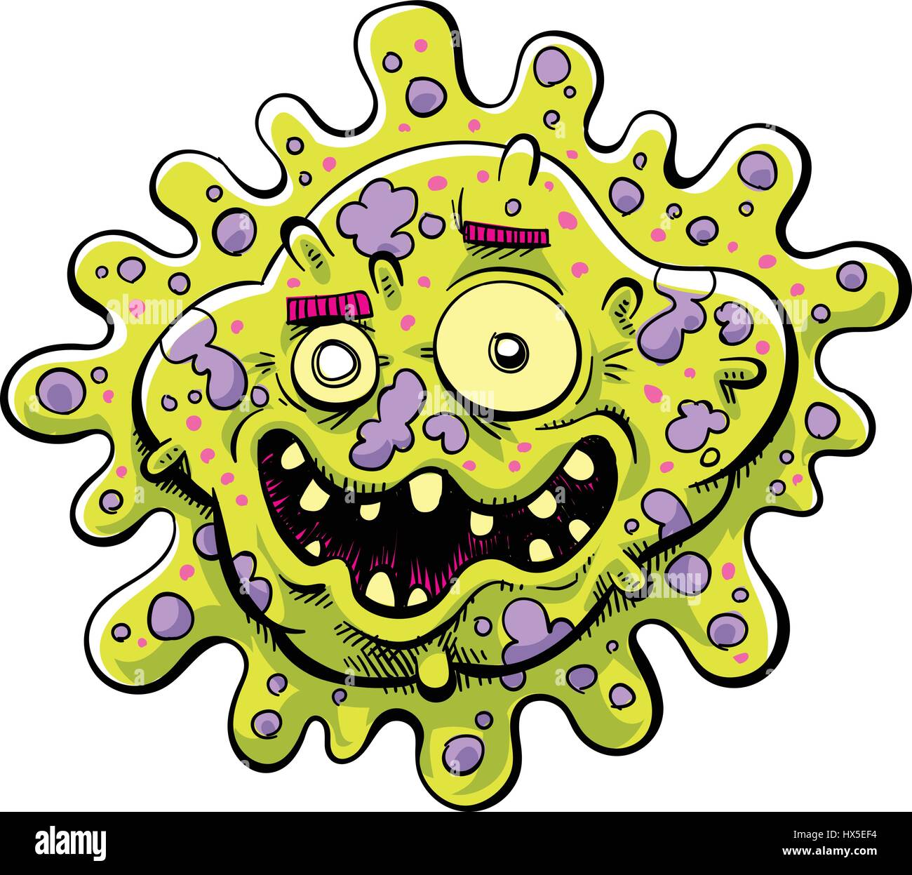Ein glückliches Cartoon Bakterien Keim mit einer hässlichen, toothy Lächeln. Stock Vektor