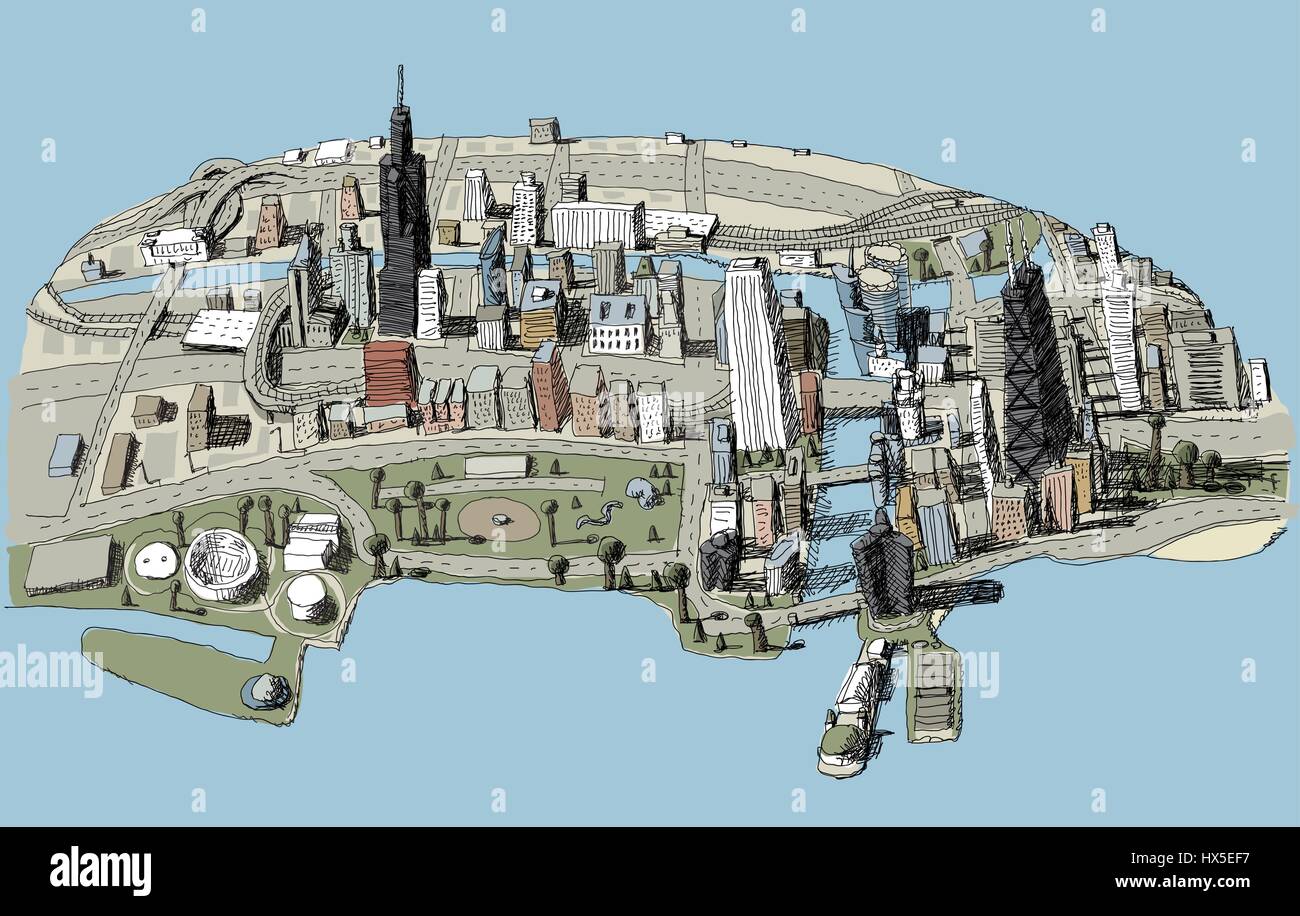 Cartoon Skizze Abbildung der Innenstadt der Stadt Chicago, USA mit Wolkenkratzern, den Fluss und Hafen. Stock Vektor