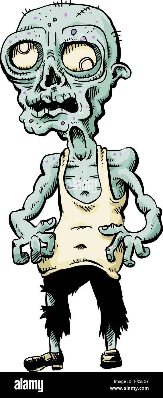 Eine verwelkte, kahle Cartoon Zombie mit grüner Haut und knorrigen Fingern. Stock Vektor