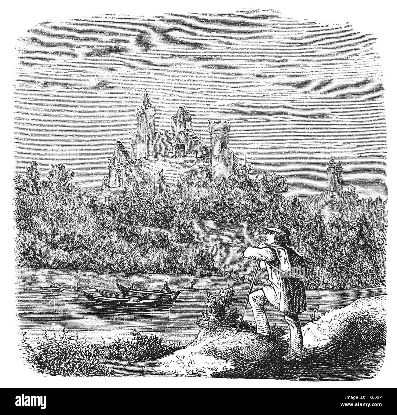 Die Rudelsburg ist eine Burg in Deutschland, die im 11. Jahrhundert erbaut wurde. Das Kunstwerk aus dem Jahr 1870 erfasst die Struktur, ihre Umgebung und ihre historische Bedeutung als militärische Festung. Stockfoto