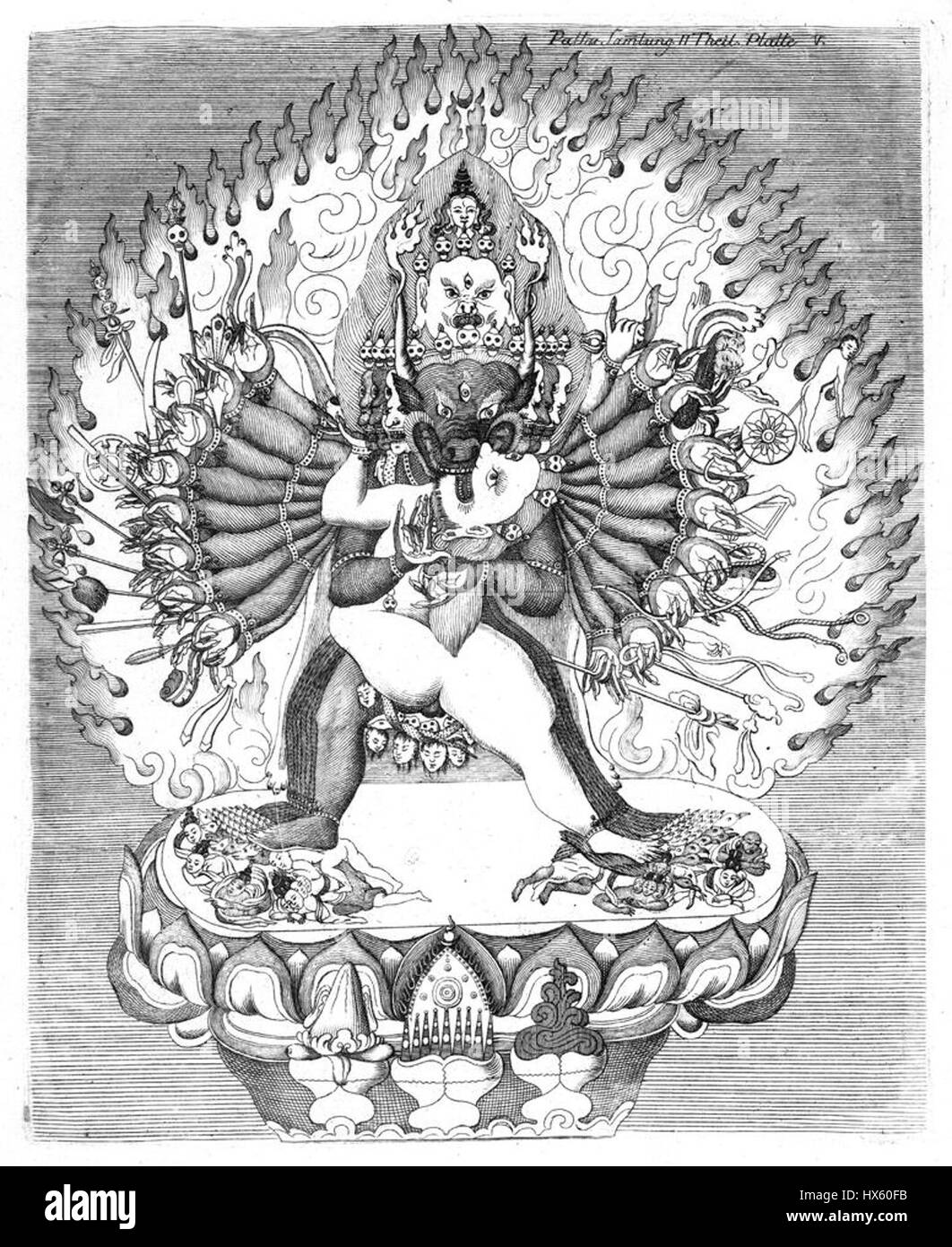 „Sammlungen historischer Nachrichten über die mongolischen Völker“ bedeutet „Sammlungen historischer Berichte über die mongolischen Völker“ Dieser Text könnte die Geschichte, Kultur und religiösen Praktiken der Mongolen erforschen, einschließlich Figuren wie Yamantaka, eine Gottheit im tibetischen Buddhismus, und seiner Gemahlin. Stockfoto