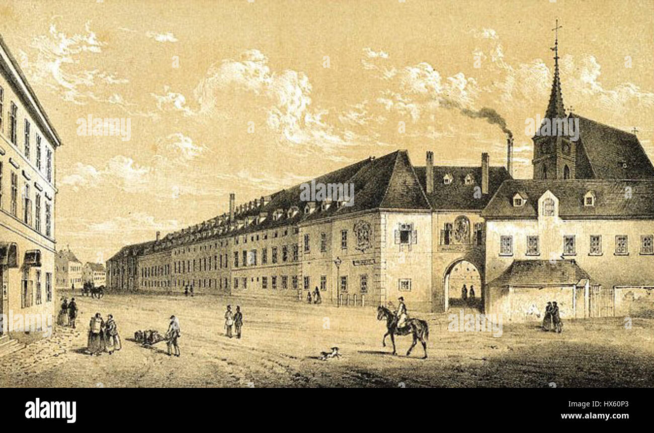 Das Sankt Marxer Versorgungshaus war eine gemeinnützige Einrichtung im 19. Jahrhundert in Wien. Sie diente der Pflege älterer und armer Menschen und spiegelt die damaligen Sozialpraktiken wider. Stockfoto