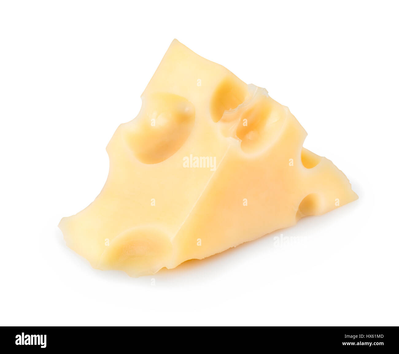 eine Käseecke isoliert auf weißem Hintergrund. Stück Käse mit großen Löchern. Maasdam Käse Stockfoto