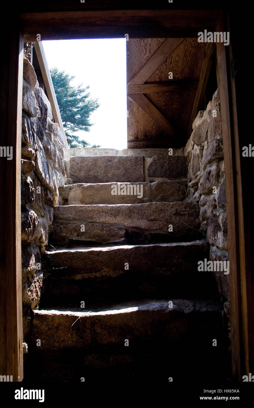 Blick auf die Tür und Treppe aus in einem Root-Keller auf einem traditionellen amerikanischen Gehöft in Maine. Stockfoto