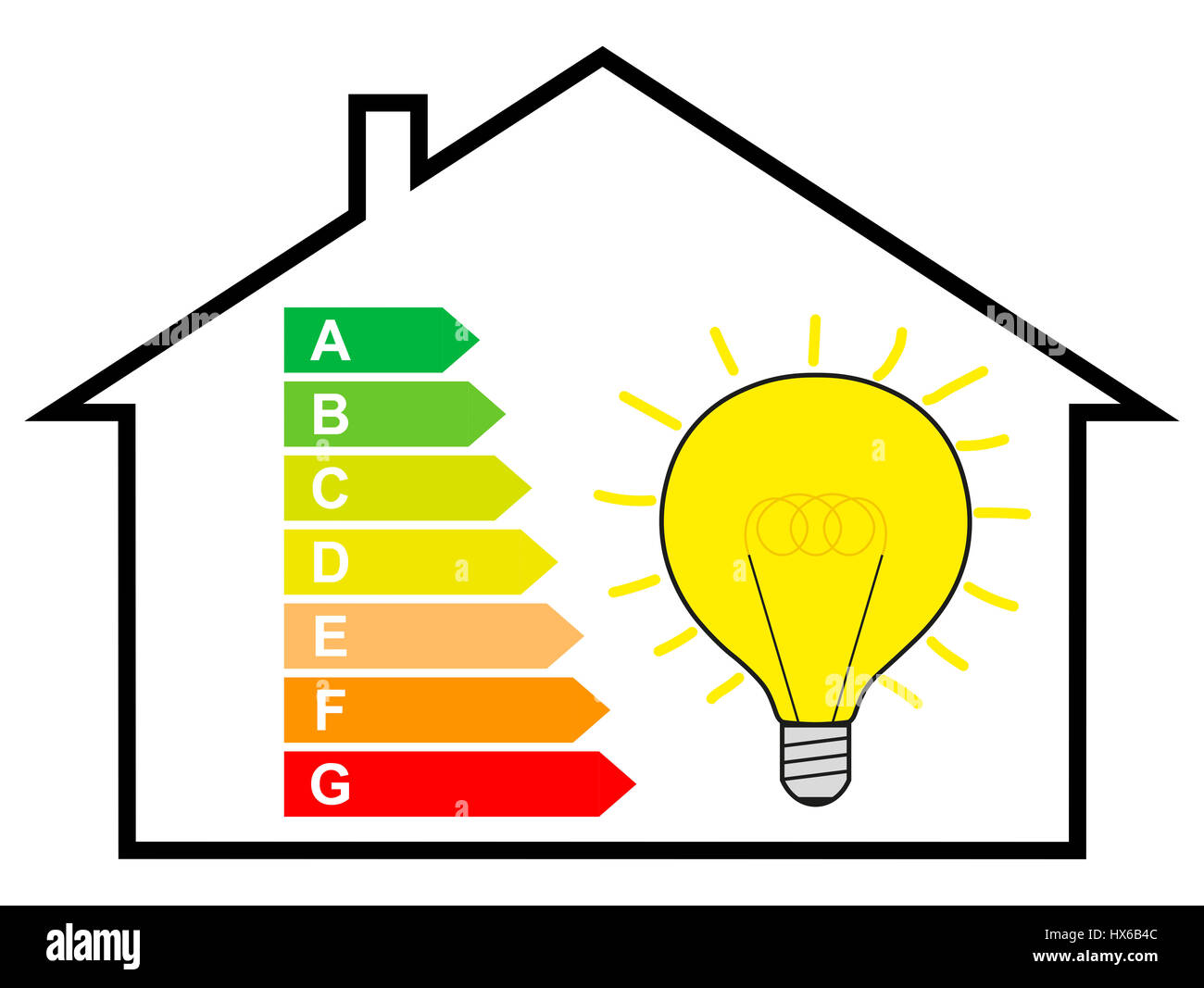 Energiewende, Energieeinsparung, Haus mit Energie-Label und Birne Stockfoto