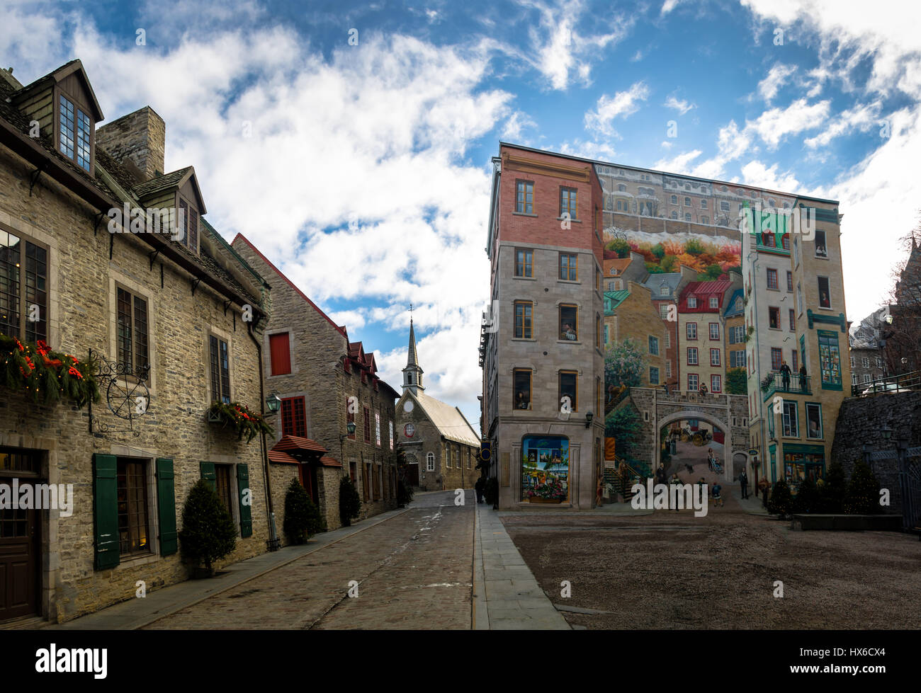 Quebec Fresco (Fresque des Quebecois) und Place Royale - Quebec City, Kanada Stockfoto