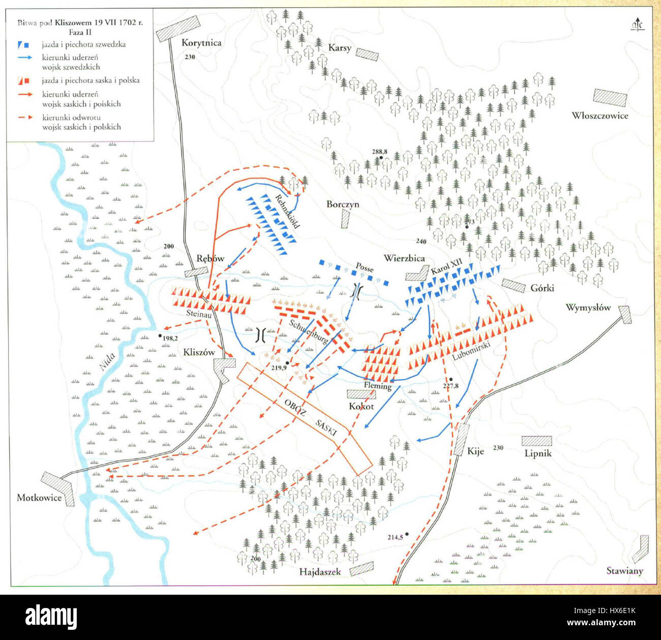Die Schlacht von Kliszów (Slaget vid Kliszów) fand 1702 während des Großen Nordischen Krieges statt. Es wurde zwischen der schwedischen Armee und dem Polnisch-litauischen Commonwealth gekämpft, wobei Schweden einen entscheidenden Sieg sicherte und den Verlauf des Krieges in Osteuropa beeinflusste. Stockfoto