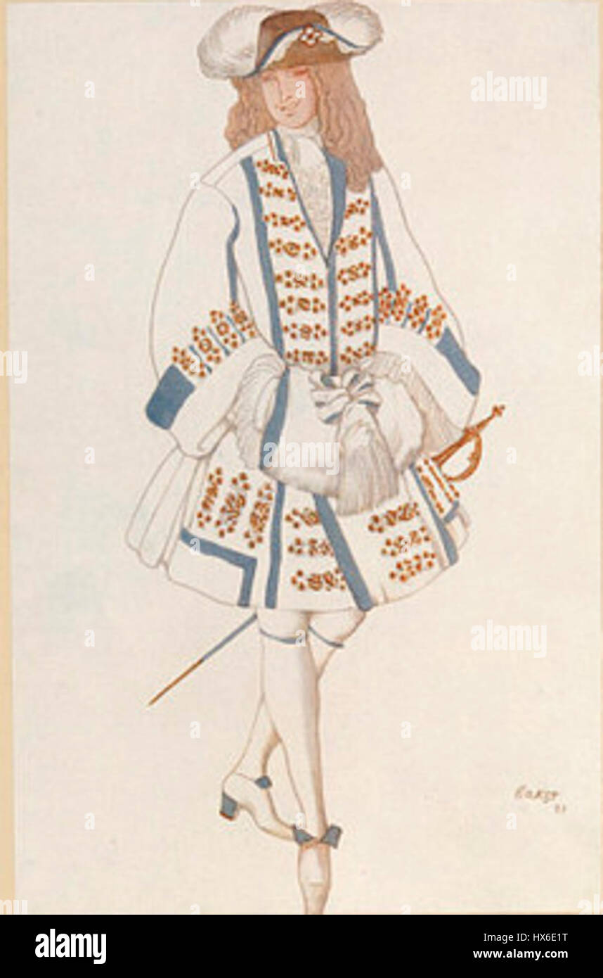 „Dornröschen“ von Léon Bakst, einem berühmten Ballettdesigner und Künstler, repräsentiert eine lebendige und fantastische Vision des Märchens. Seine Kostüme und Bühnenbilder für das Ballett waren bahnbrechend in ihrer Verwendung von Farbe und Form. Stockfoto