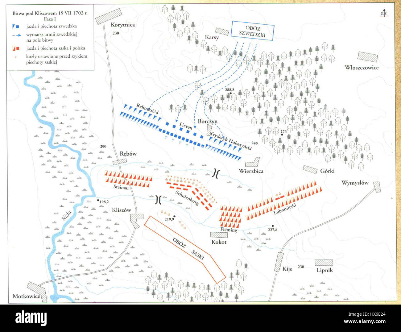 Slaget vid KliszC3B3w1, 1702 bezieht sich auf die Schlacht von Kliszów, die 1702 zwischen dem Schwedischen Reich und dem Polnisch-litauischen Commonwealth ausgetragen wurde. Die Schlacht war im Großen Nordkrieg bedeutend und bedeutete einen schwedischen Sieg über die polnischen Truppen. Stockfoto