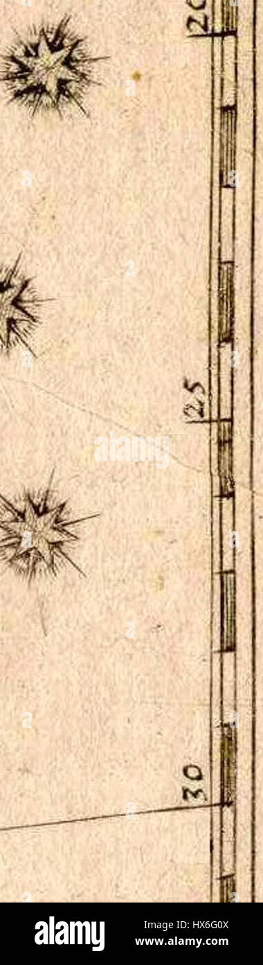 Das „Uranometria Orion ruler Detail rotated“ zeigt einen detaillierten Abschnitt der berühmten Sternkarte aus dem 16. Jahrhundert, wobei der Schwerpunkt auf der Darstellung des Orion-Sterns liegt. Das Kunstwerk ist Teil einer größeren Himmelskarte, die die Sterne und ihre Positionen am Himmel betont. Stockfoto