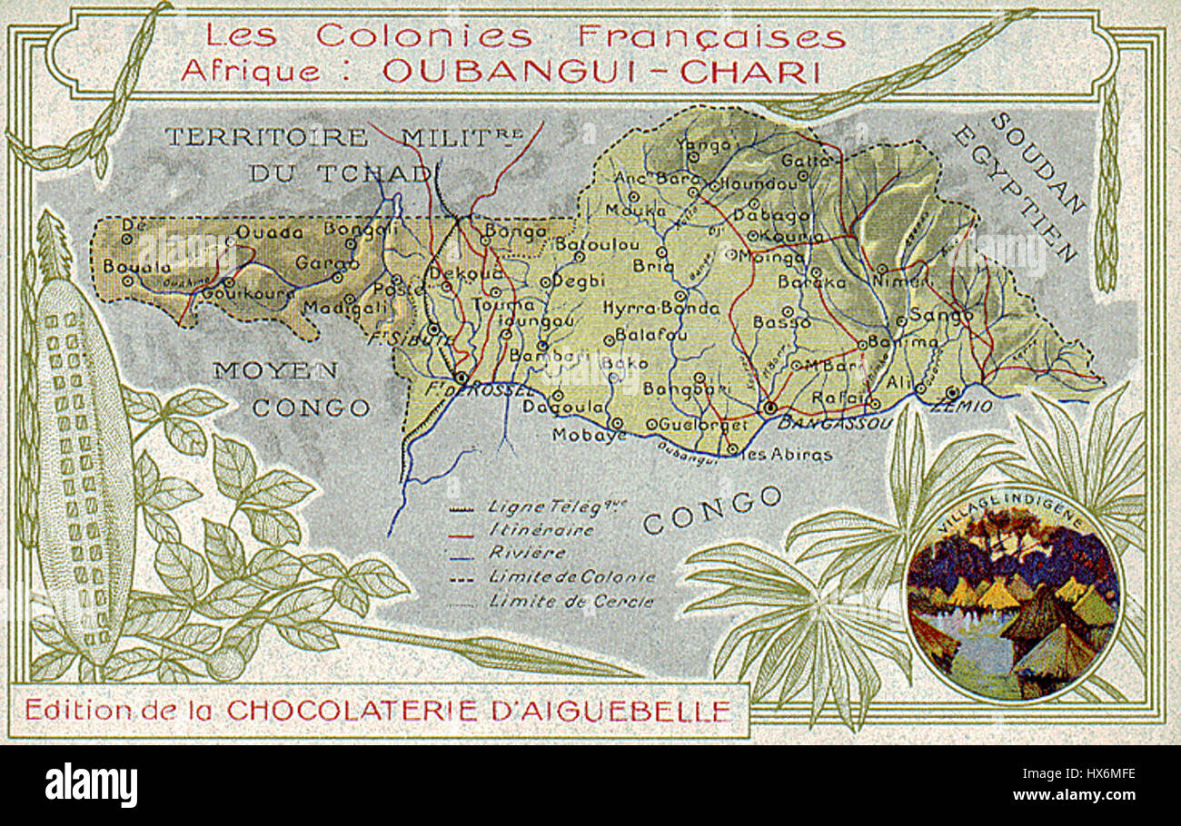 Oubangui Chari war eine französische Kolonie in Zentralafrika, die später als Zentralafrikanische Republik bekannt war. 1960 erlangte sie die Unabhängigkeit, nachdem sie Teil des französischen Äquatorialafrikas war. Stockfoto