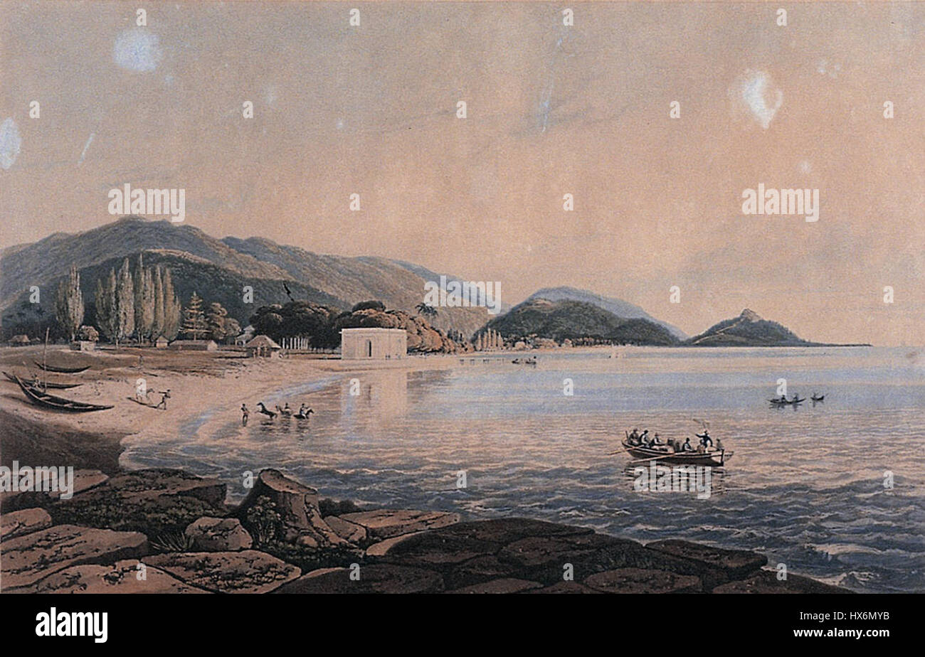 Ein historisches Gemälde von North Beach aus dem Council House, Prince of Wales's Island, geschaffen von William Daniell nach einer Skizze von Captain Robert Smith von den Engineers, im Jahr 1818. Stockfoto