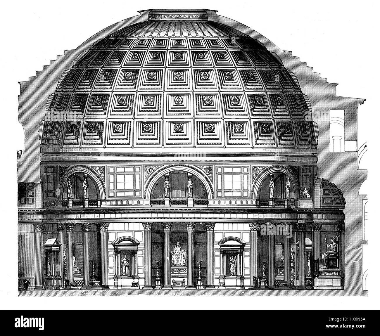 Diese Zeichnung des Pantheons bietet einen detaillierten Blick auf den berühmten römischen Tempel. Das Pantheon, bekannt für sein massives Kuppeldach, ist eines der am besten erhaltenen Bauwerke aus dem antiken Rom und ein Wunder römischer Baukunst. Stockfoto