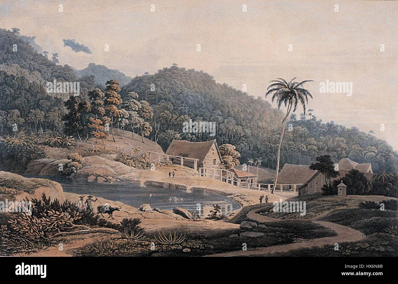 Ein historisches Gemälde der chinesischen Mühlen in Penang, geätzt von William Daniell nach einem Gemälde von Captain Robert Smith, entstanden im Jahr 1821, das eine Szene von der Insel Penang zeigt. Stockfoto