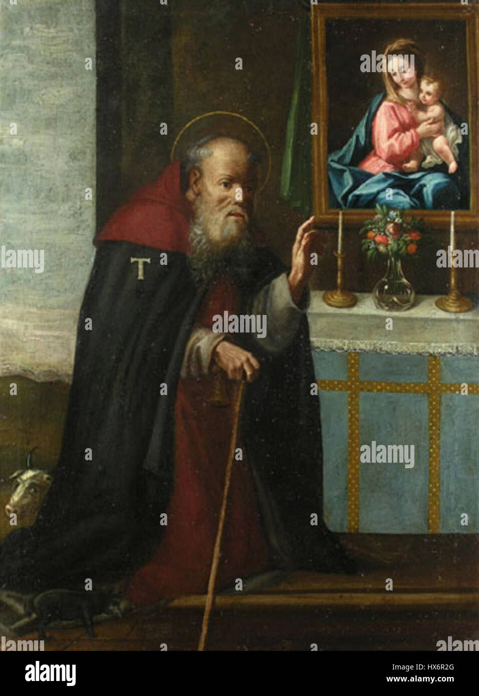 Dieses italienische Gemälde des Heiligen Antonius aus dem 17. Jahrhundert zeigt den heiligen mit traditionellen Symbolen wie dem Jesuskind und einer Lilie. Sie repräsentiert die Rolle des heiligen in der katholischen Hingabe und seine Bedeutung als Schutzpatron verlorener Dinge. Stockfoto