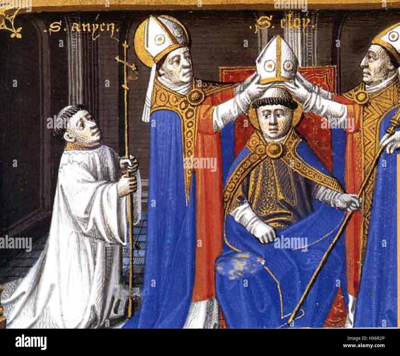 Saint Eloi war ein französischer Bischof und Goldschmied aus dem 7. Jahrhundert, bekannt für seine Ordination und Rolle in der frühchristlichen Kirche. Seine Arbeit als Missionar und Schutzpatron der Metallarbeiter brachte ihm Heiligkeit und Anerkennung in der Kirche ein. Stockfoto