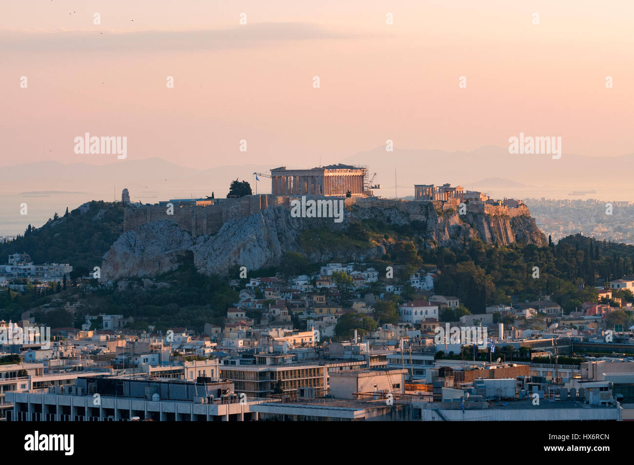 Blick auf die Akropolis von Lycabettus-Hügel Stockfoto
