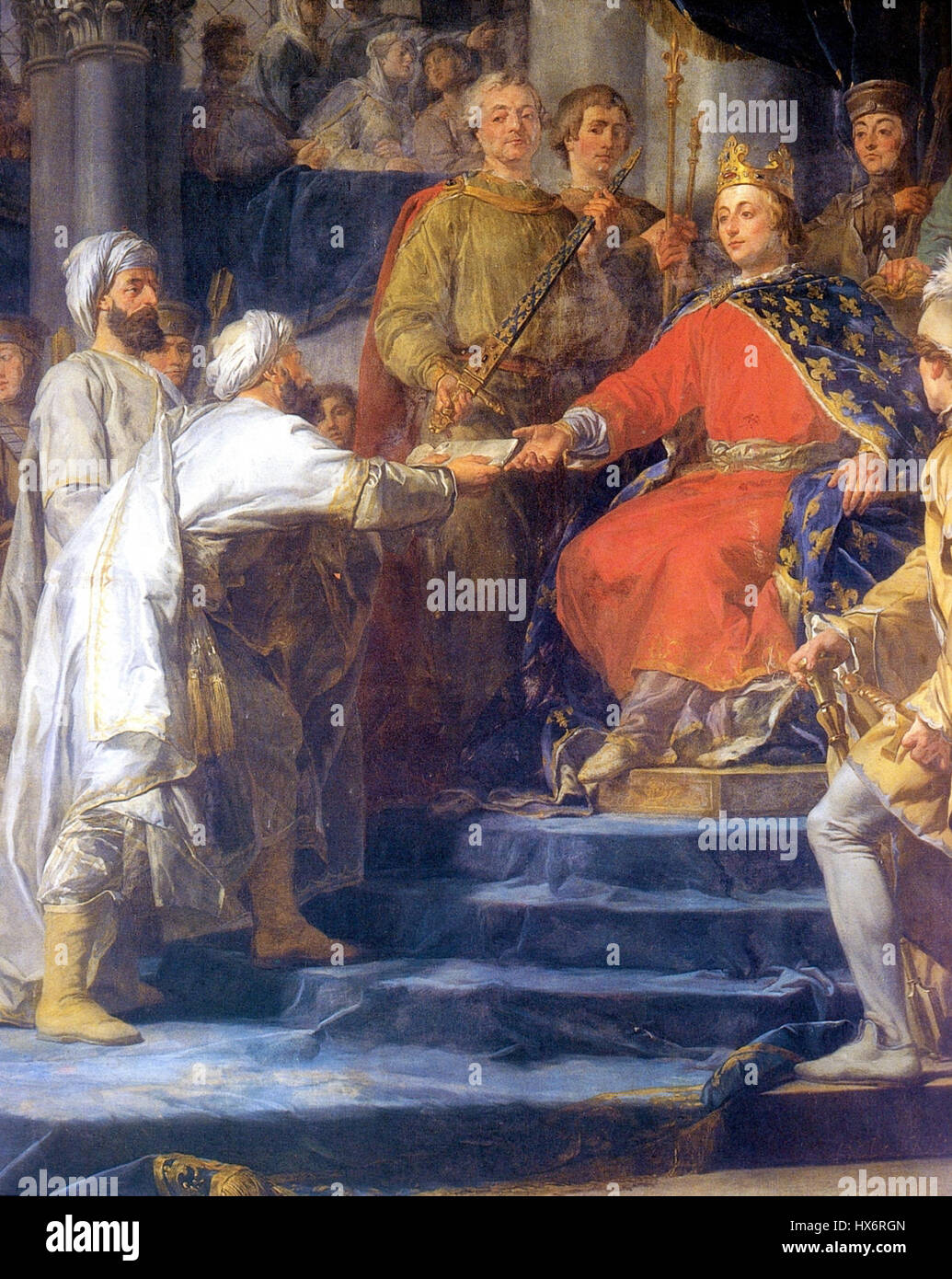 "Saint Louis, roi de France, recevant les ambassadeurs du Prince des Assassins" von Guy Nicolas Brenet stellt König Ludwig IX. Von Frankreich dar, der Botschafter des Prinzen der Assassinen empfängt, was einen wichtigen diplomatischen Moment veranschaulicht. Stockfoto