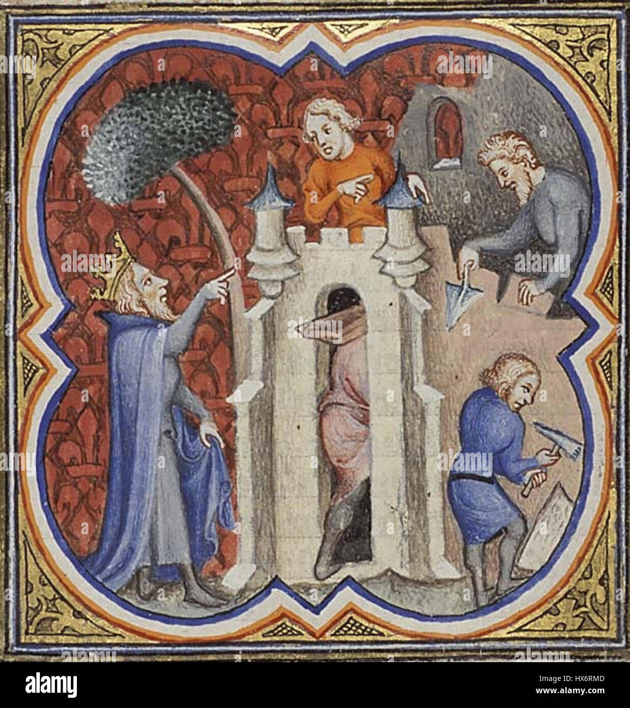 Diese Darstellung des Königs Salomo, der das Werk betreut, zeigt ihm, wie er ein Bau- oder Architekturprojekt beaufsichtigt und seine Weisheit und Führung betont. Die Szene veranschaulicht seine Rolle in der biblischen Geschichte als Herrscher und Erbauer. Stockfoto