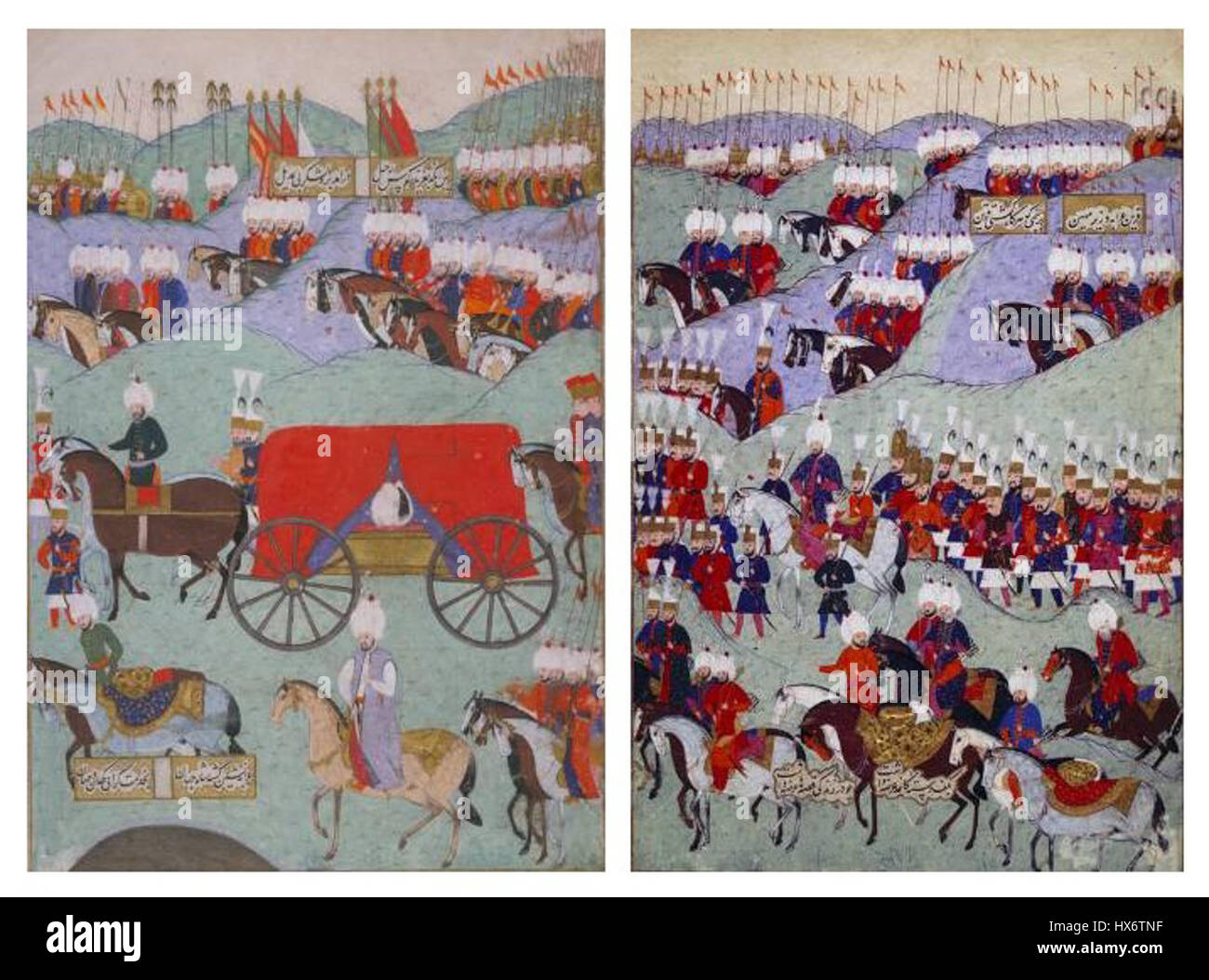 Die *Beerdigung von Sultan Suleyman dem Großen* erinnert an den Tod eines der wichtigsten osmanischen Herrscher. Das Kunstwerk veranschaulicht das große und feierliche Ereignis und hebt die zeremonielle Praxis der Zeit hervor. Stockfoto